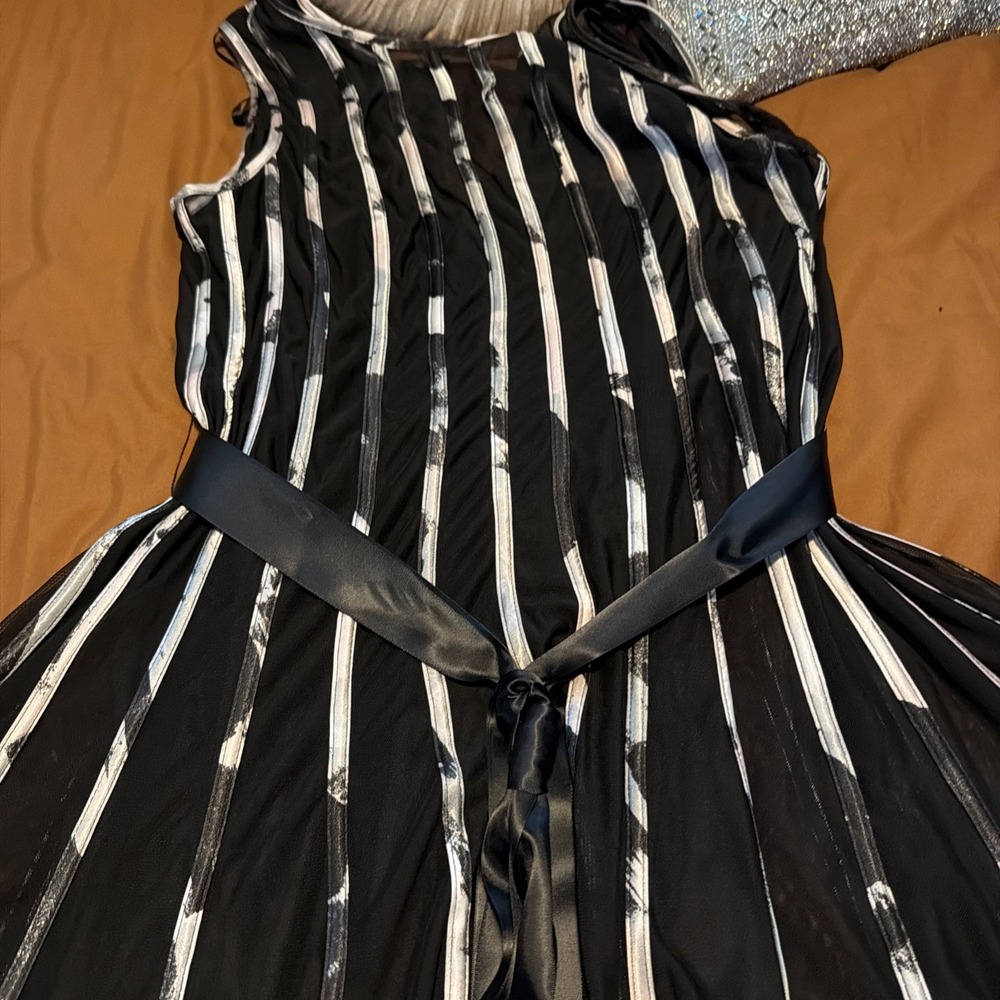 S.L. Fashions Plus Size 18W Sleeveless Belted Fit And Flare Mesh Stripe - Picture 2 of 5
